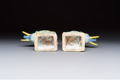 A pair of blue, white and yellow Frankfurt faience models of elephants, ca. 1700