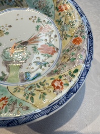 Two Chinese famille verte cups and four saucers, lingzhi and jade marks, Kangxi