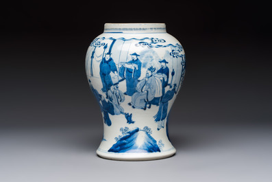A Chinese blue and white 'Boot-swapping ceremony of Cui Rong' vase, Kangxi