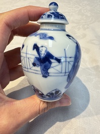 A small Chinese blue and white covered vase and a miniature salt, Kangxi