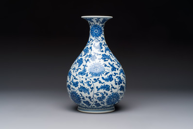 A Chinese blue and white 'Yuhuchunping' vase with lotus scroll design, Qianlong mark and of the period