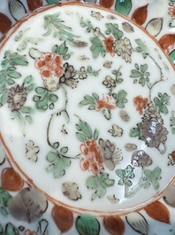 Seven Chinese famille verte cups and four saucers, conch shell and lingzhi marks, Kangxi