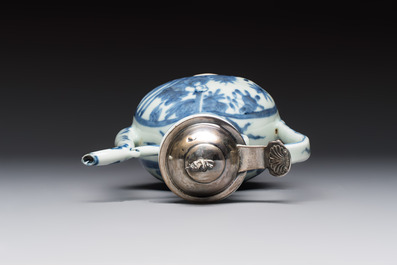 A silver-mounted Chinese blue and white 'Zhou Dunyi 周敦頤' ewer, Ming
