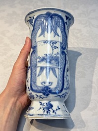 A rare Chinese blue and white five-piece garniture in Dutch Delft style, Kangxi mark, 19th C.