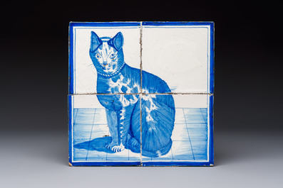 17 blue and white Dutch Delft tiles with sea monsters, ships, a cat and various figures, 17th C. and later
