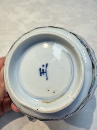 Two Chinese famille verte cups and four saucers, lingzhi and jade marks, Kangxi