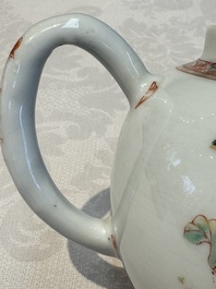 A Chinese famille verte teapot and three famille rose capucine-ground cups and saucers, Kangxi/Qianlong