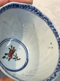 Seven Chinese famille verte cups and four saucers, conch shell and lingzhi marks, Kangxi