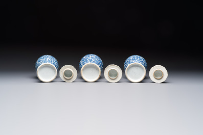 A Chinese blue and white five-piece garniture with floral design, Kangxi