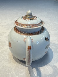 A Chinese famille verte teapot and three famille rose capucine-ground cups and saucers, Kangxi/Qianlong