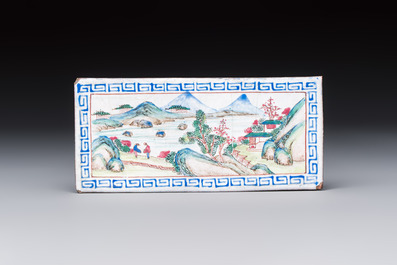 Six Chinese Canton enamel rectangular plaques with landscape, figural, floral and European subject designs, Qianlong