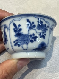Six Chinese blue and white 'Rooster' cups and saucers, Kangxi
