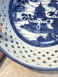 Six Chinese blue and white reticulated baskets with pagodas along a river, Qianlong