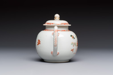A Chinese famille verte teapot and three famille rose capucine-ground cups and saucers, Kangxi/Qianlong