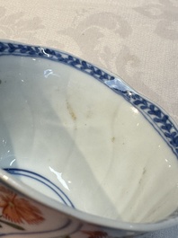 Seven Chinese famille verte cups and four saucers, conch shell and lingzhi marks, Kangxi
