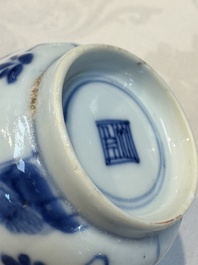 Six Chinese blue and white 'Rooster' cups and saucers, Kangxi