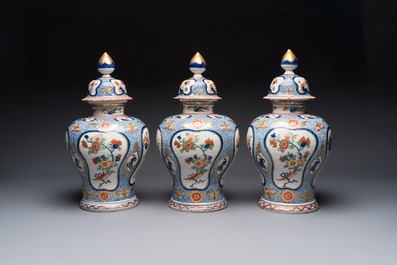 An exceptional polychrome Dutch Delft five-piece garniture in Chinese Kangxi style, first quarter 18th C.