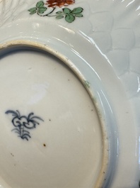 Seven Chinese famille verte cups and four saucers, conch shell and lingzhi marks, Kangxi