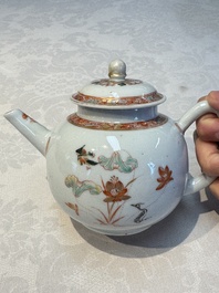 A Chinese famille verte teapot and three famille rose capucine-ground cups and saucers, Kangxi/Qianlong