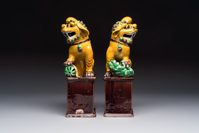 A pair of Chinese sancai-glazed Buddhist lions, Kangxi mark, 19th C.