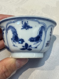 Six Chinese blue and white 'Rooster' cups and saucers, Kangxi