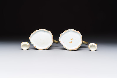 A pair of polychrome Dutch Delft monkey ewers and covers, 18th C.