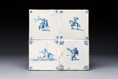17 blue and white Dutch Delft tiles with sea monsters, ships, a cat and various figures, 17th C. and later