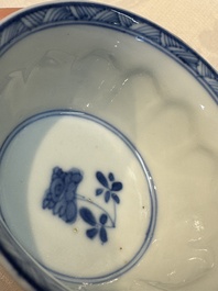 Six Chinese blue and white 'Rooster' cups and saucers, Kangxi