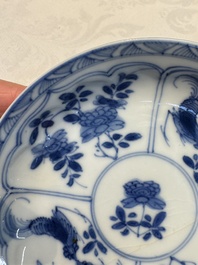Six Chinese blue and white 'Rooster' cups and saucers, Kangxi