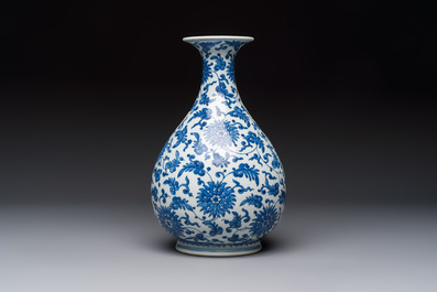 A Chinese blue and white 'Yuhuchunping' vase with lotus scroll design, Qianlong mark and of the period