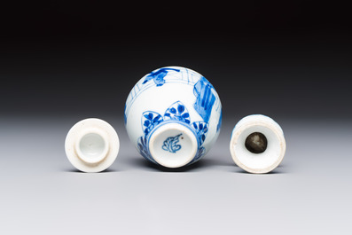 A small Chinese blue and white covered vase and a miniature salt, Kangxi