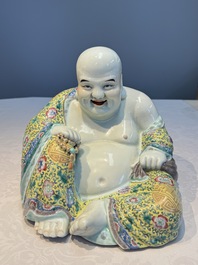 A Chinese famille rose Milefo Buddha, Ye Yunhong Zao 葉運紅造 mark, Republic