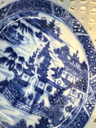 Six Chinese blue and white reticulated baskets with pagodas along a river, Qianlong