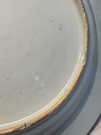 A fine Chinese famille rose dish with ladies and boys near a pagoda, Yongzheng