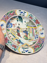 A fine Chinese famille rose dish with ladies and boys near a pagoda, Yongzheng