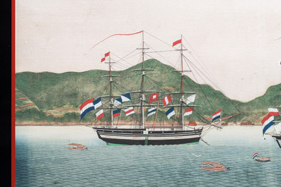 Kawahara Keiga 川原慶賀 (Japan, 1786-1860): 'Two Dutch Vessels Anchored off Nagasaki Bay', gouache on silk, seal mark, 19th C.