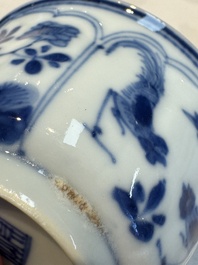 Six Chinese blue and white 'Rooster' cups and saucers, Kangxi