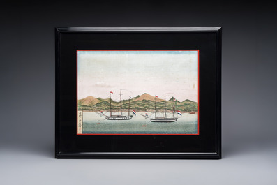 Kawahara Keiga 川原慶賀 (Japan, 1786-1860): 'Two Dutch Vessels Anchored off Deshima Harbour', gouache on silk, seal mark, 19th C.