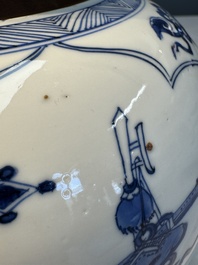 A Chinese blue and white 'Antiquities and Flower Baskets' vase with a wooden cover, Kangxi