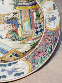 A fine Chinese famille rose dish with ladies and boys near a pagoda, Yongzheng