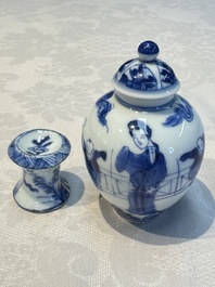 A small Chinese blue and white covered vase and a miniature salt, Kangxi