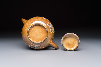 A large Chinese famille verte capucin-ground 'Prunus Blossoms' teapot and cover with relief design, Kangxi