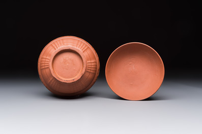 An English 4-piece engine-turned redware tea service, pseudo-Chinese marks, 2nd half 18th C.