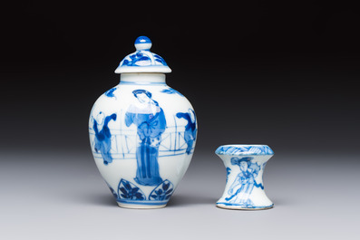 A small Chinese blue and white covered vase and a miniature salt, Kangxi