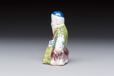 A polychrome Dutch Delft chinoiserie model of Shou Lao on a deer, 18th C.