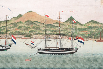 Kawahara Keiga 川原慶賀 (Japan, 1786-1860): 'Two Dutch Vessels Anchored off Deshima Harbour', gouache on silk, seal mark, 19th C.