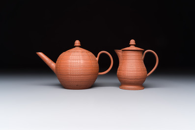 An English 4-piece engine-turned redware tea service, pseudo-Chinese marks, 2nd half 18th C.