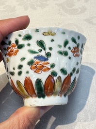 Seven Chinese famille verte cups and four saucers, conch shell and lingzhi marks, Kangxi