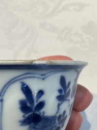 Six Chinese blue and white 'Rooster' cups and saucers, Kangxi