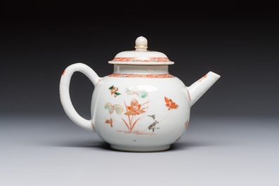 A Chinese famille verte teapot and three famille rose capucine-ground cups and saucers, Kangxi/Qianlong